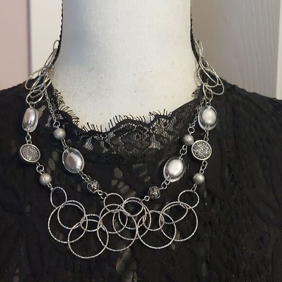 NY Collection Metallic Silver Tone Loops Station Style Statement Long Necklace - Picture 4 of 7